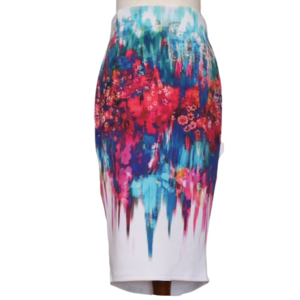 Bisou Bisou Asymmetrical Floral Ponte Skirt